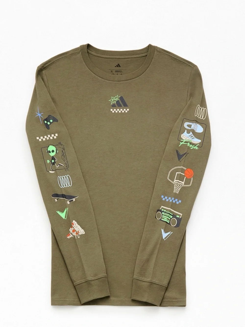 Adidas Kids Play Your Way Long Sleeve T-Shirt Olive Green Graphic-Large NWT